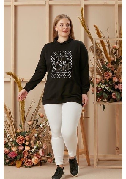 Taş Işlemeli Büyük Beden Baskılı Taşlı Siyah Sweatshirt fiyatları