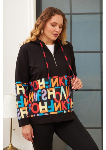 Harf Baskılı Iki Iplik Büyük Beden Siyah Sweatshirt