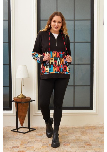 Harf Baskılı Iki Iplik Büyük Beden Siyah Sweatshirt indirimleri