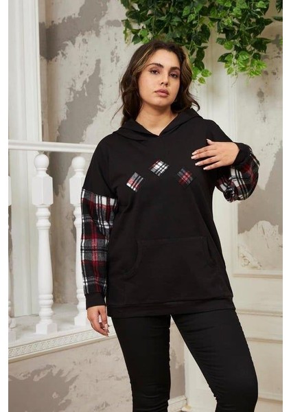 Kollar Ekose Büyük Beden Siyah Sweatshirt