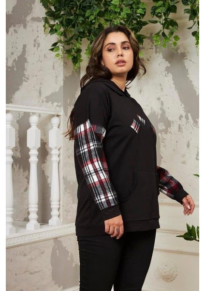 Kollar Ekose Büyük Beden Siyah Sweatshirt