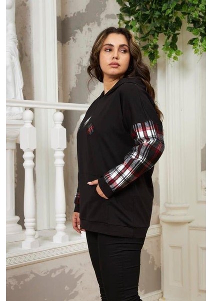 Kollar Ekose Büyük Beden Siyah Sweatshirt