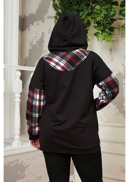 Kollar Ekose Büyük Beden Siyah Sweatshirt