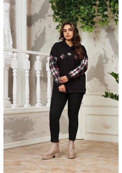 Kollar Ekose Büyük Beden Siyah Sweatshirt