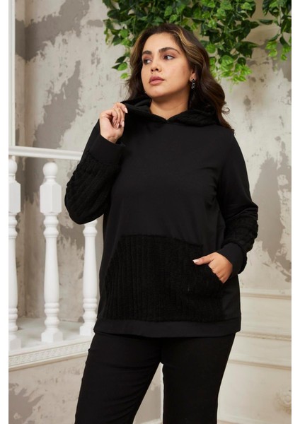 Kadın Kol Peluş Garnili Büyük Beden Siyah Sweatshirt - Şıklık ve Rahatlık Bir Arada