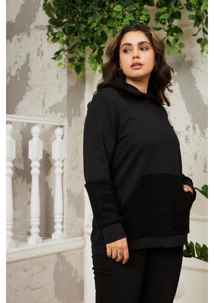 Kadın Kol Peluş Garnili Büyük Beden Siyah Sweatshirt - Şıklık ve Rahatlık Bir Arada fiyatları