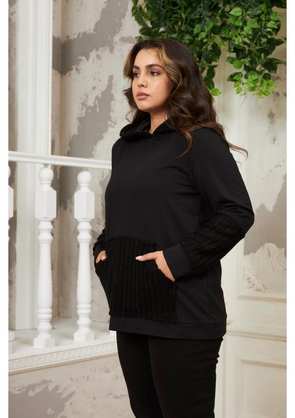 Kadın Kol Peluş Garnili Büyük Beden Siyah Sweatshirt - Şıklık ve Rahatlık Bir Arada fırsatları