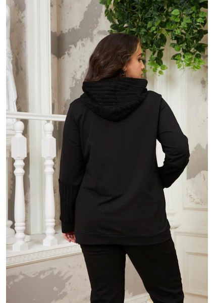 Kadın Kol Peluş Garnili Büyük Beden Siyah Sweatshirt - Şıklık ve Rahatlık Bir Arada indirimleri