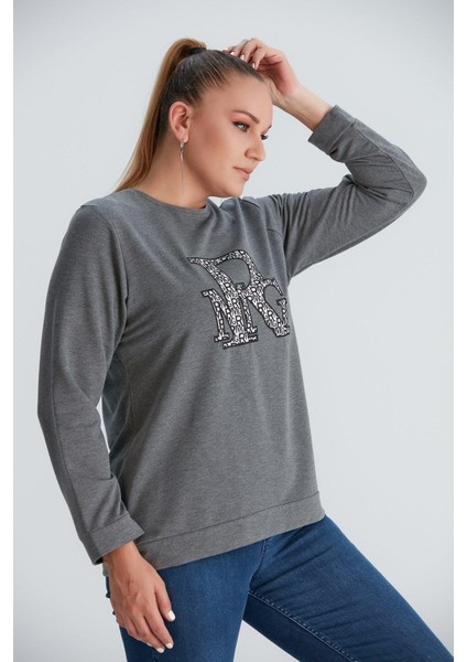 Baskılı Nakış Detaylı Büyük Beden Sweatshirt