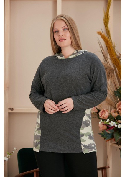 Kamuflaj Garnili Büyük Beden Füme Sweatshirt