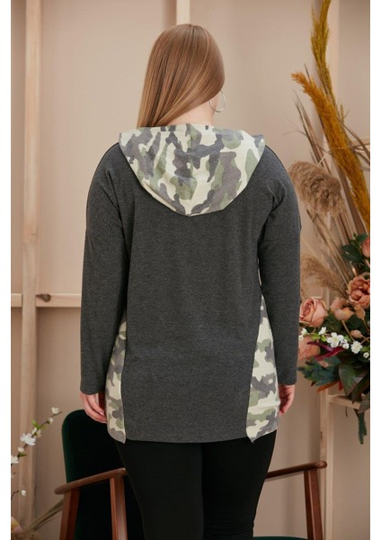Kamuflaj Garnili Büyük Beden Füme Sweatshirt modelleri