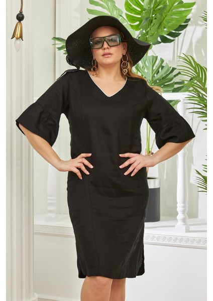 Sırt Bağcık Detaylı Yırtmaçlı Büyük Beden Siyah Keten Elbise