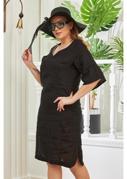 Sırt Bağcık Detaylı Yırtmaçlı Büyük Beden Siyah Keten Elbise modelleri