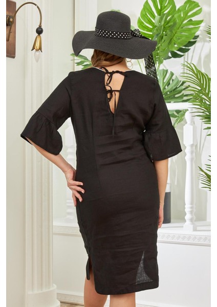 Sırt Bağcık Detaylı Yırtmaçlı Büyük Beden Siyah Keten Elbise fırsatları