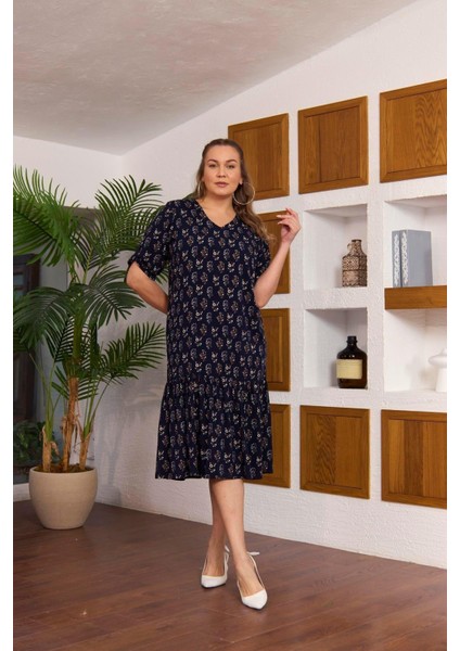 fetin Incisi: Kadın Büyük Beden Çiçek Desenli Eteği Fırfırlı Viskon Lacivert Elbise fiyatları
