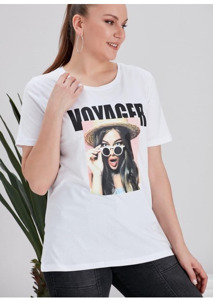 Vovager Baskılı Beyaz Büyük Beden Tişört fiyatları