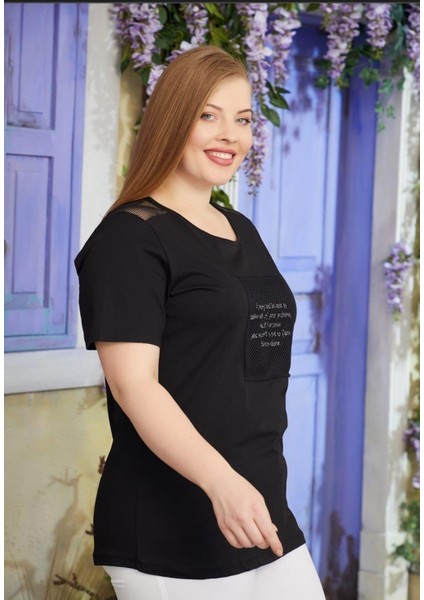 File Detaylı Büyük Beden Pamuklu Siyah Tişört fiyatları