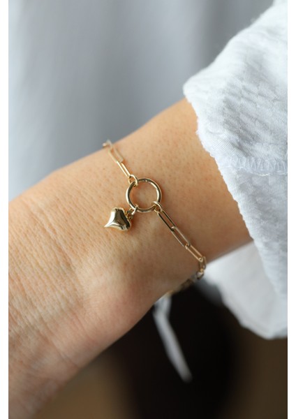 14 Ayar Altın Kalp Detaylı Ataç Bileklik