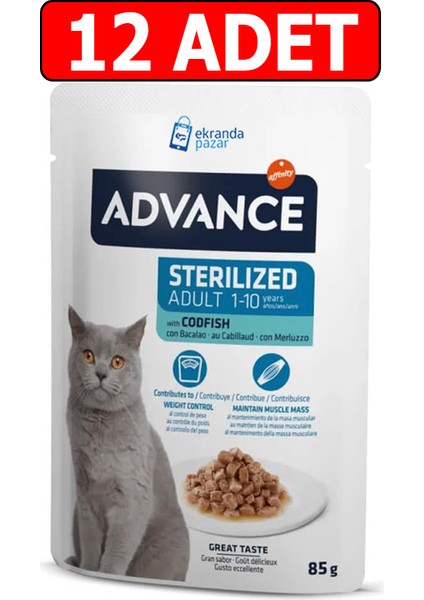 Morina Balıklı Kısırlaştırılmış Kedi Yaş Mama 85gr 12 Adet Advance Sterilised Codfish Kedi Pouch