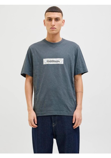 Jack Jones Jorsplıt Aop Brandıng Tee Ss Crew Pls Erkek Antrasit Büyük Beden Tshirt 12278577-16