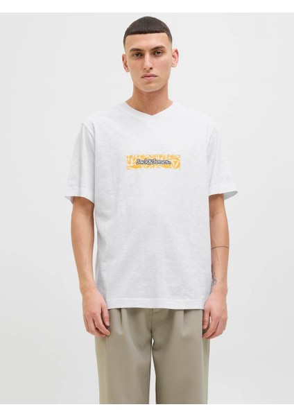Jack Jones Jorsplıt Aop Brandıng Tee Ss Crew Pls Erkek Beyaz Büyük Beden Tshirt 12278577-01