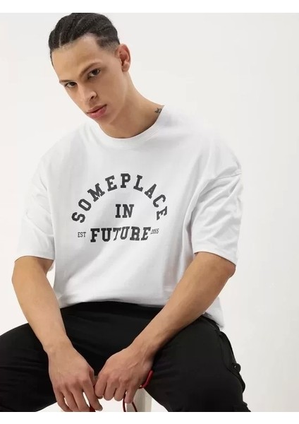 Erkek Baskılı Oversize T-Shirt - Beyaz