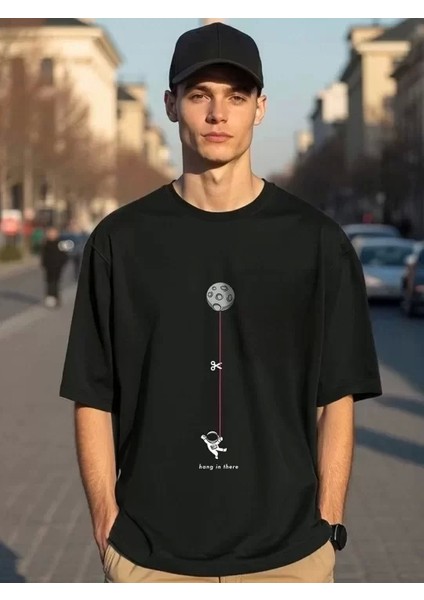 Erkek Baskılı Oversize T-Shirt - Siyah