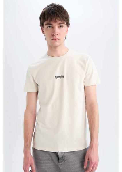 %100 Pamuk Slim Fit Dar Kesim Bisiklet Yaka Baskılı Kısa Kollu Tişört A2631AX25SM