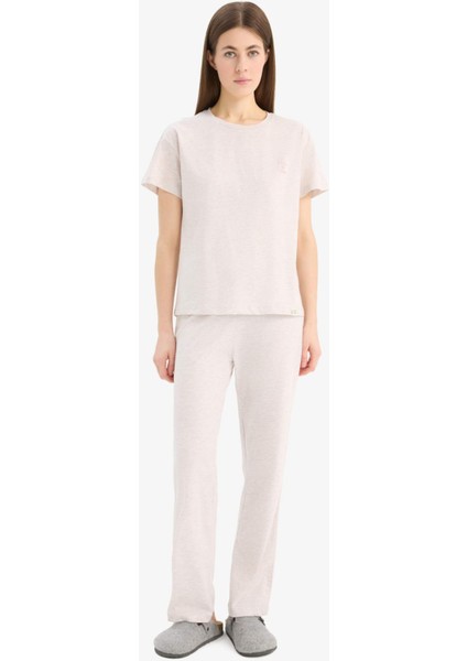 Regular Fit Pijama Takımı Kısa Kollu Üst Esnek Belli Uzun Alt-Fall in Love E5820AX25SP