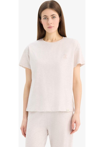 Regular Fit Pijama Takımı Kısa Kollu Üst Esnek Belli Uzun Alt-Fall in Love E5820AX25SP