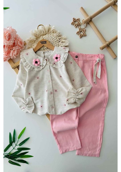 Papatya Örgü Detaylı Kız Çocuk 2 li takım - Şeker Pembe