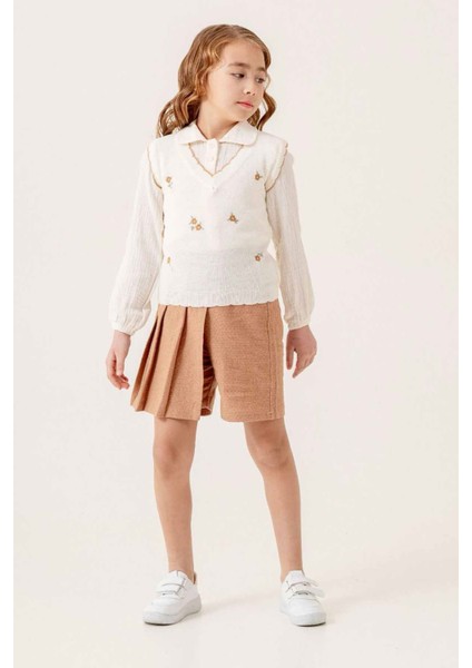 Triko Süveterli Şort Etekli Kız Çocuk 3 lü takım - Kahve