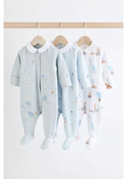 Pamuklu Mavi Bebe Yaka Fil Desenli 3' Lü Tulum Set
