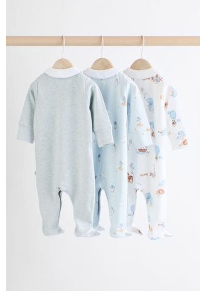 Pamuklu Mavi Bebe Yaka Fil Desenli 3' Lü Tulum Set