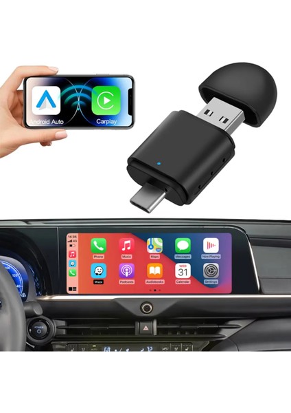 Yeni Tasarım Mini Kablosuz Ios Android Uyumlu Carplay USB ve Type-C 2in1 Araç Multimedya Adaptörü