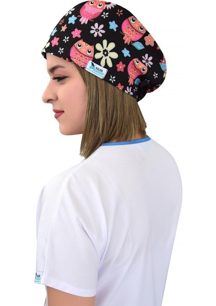 Unisex Çiçekli Baykuş Desenli Cerrahi Bone Doktor Hemşire Saç Bonesi