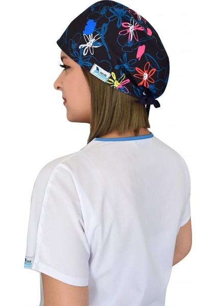 Unisex Lacivert Çiçekli Desenli Cerrahi Bone Doktor Hemşire Saç Bone
