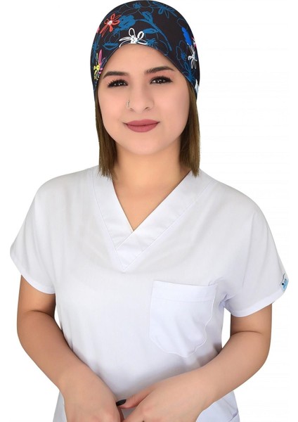 Unisex Lacivert Çiçekli Desenli Cerrahi Bone Doktor Hemşire Saç Bone