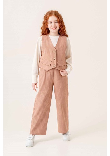 (9-13 Yaş) Blazer Yelekli Çizgili 3 Lü Kız çocuk takım - Tarçın