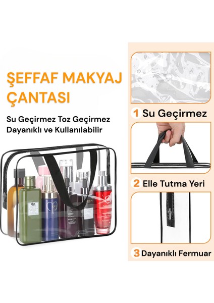 Şeffaf Seyahat Makyaz Çantası Makyaj Çantası Taşınabilir Pvc Su Geçirmez Kozmetik Çantası Şeffaf 3 Adet
