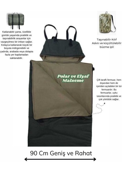 Geniş Haki Uyku Tulumu(-25 ) Mikro Su Itici (215×90 Cm) 200 gr ELYAF/180 gr Polar Kamp&deprem