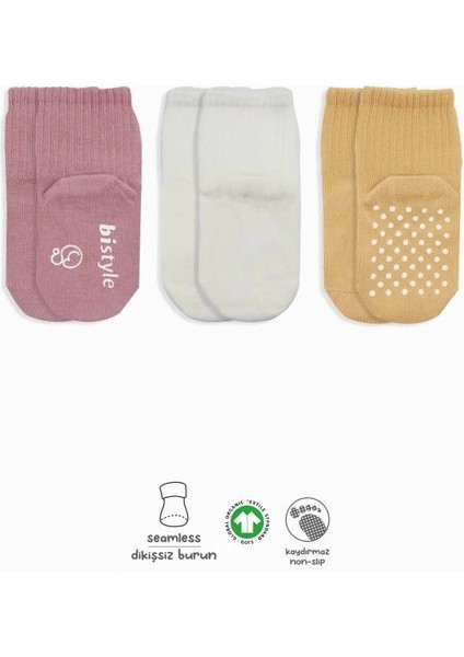 Bistyle Basic Kaymaz Penye Soket Çorap 3'lü BS10106 Pudra Ekru Somon