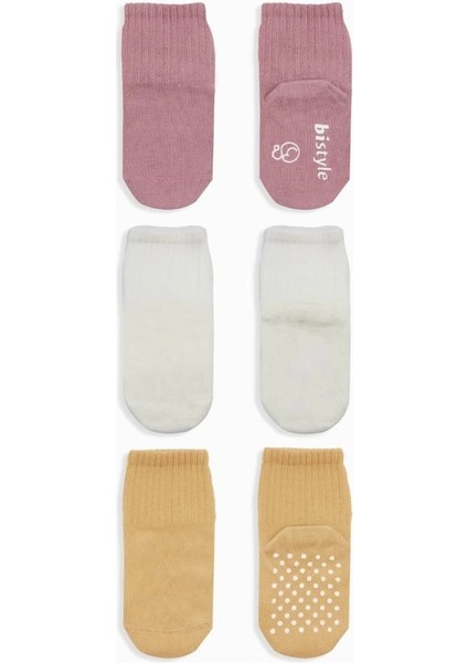 Bistyle Basic Kaymaz Penye Soket Çorap 3'lü BS10106 Pudra Ekru Somon