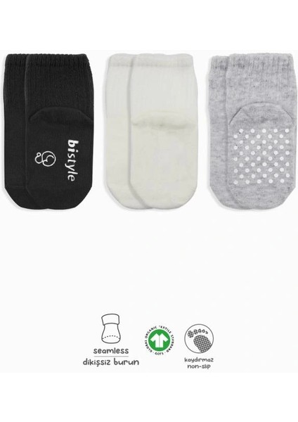 Bistyle Basic Kaymaz Penye Soket Çorap 3'lü BS10106 Siyah Ekru Gri