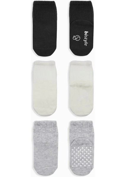 Bistyle Basic Kaymaz Penye Soket Çorap 3'lü BS10106 Siyah Ekru Gri