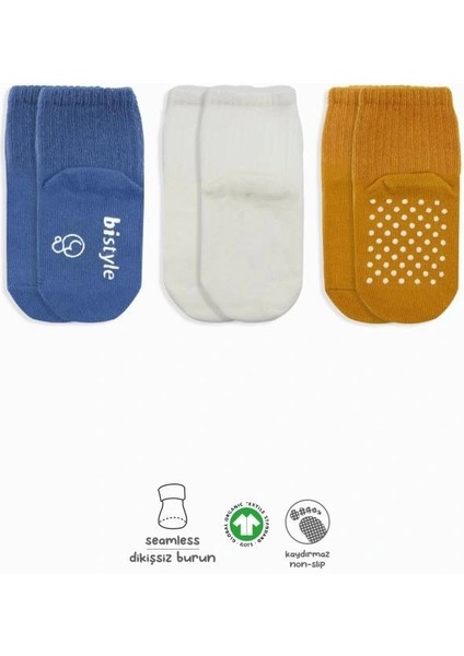 Nessiworld Bistyle Basic Kaymaz Penye Soket Çorap 3'lü BS10107 Indigo Ekru Hardal