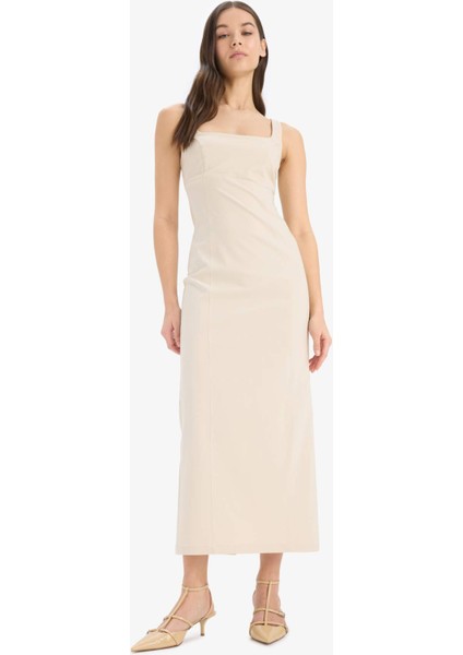 Bodycon Vücudu Saran Basic Düz Kare Yaka Askılı Maxi Elbise C5027AX25SP