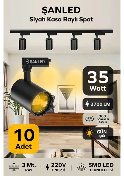 Siyah Kasa Gün Işığı 35W Raylı Spot / 10 Adet + 3 Metre Ray