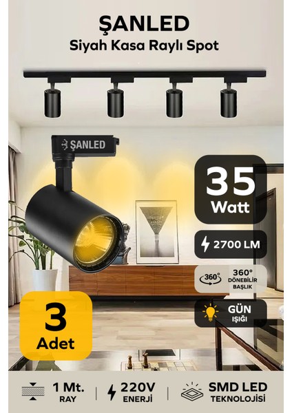 Siyah Kasa Beyaz/Günışığı 35W Raylı Spot / 3 Adet + 1 Metre Ray
