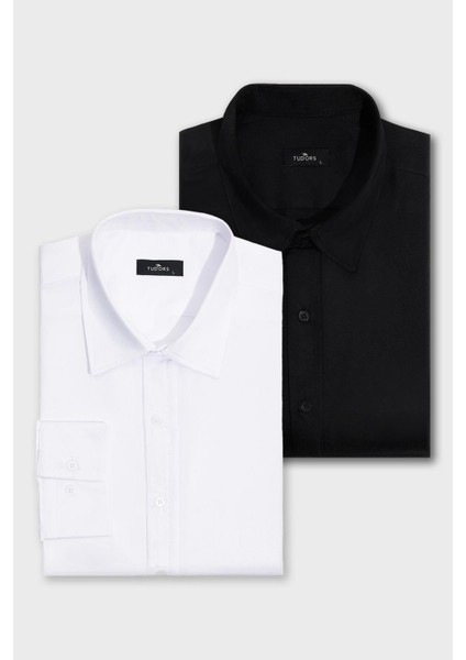 2'li Paket Siyah-Beyaz Slim Fit Kolay Ütü Teri Emen Nefes Alan Doku Dört Mevsim Erkek Gömlek
